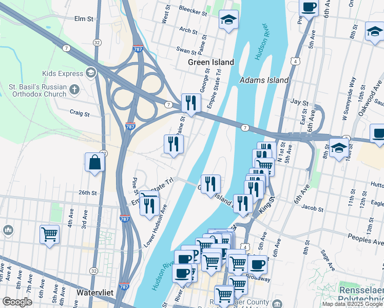 map of restaurants, bars, coffee shops, grocery stores, and more near 4 George Street in Green Island