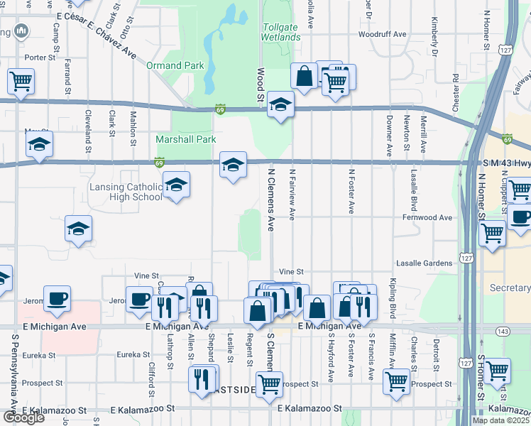 map of restaurants, bars, coffee shops, grocery stores, and more near 427 North Clemens Avenue in Lansing