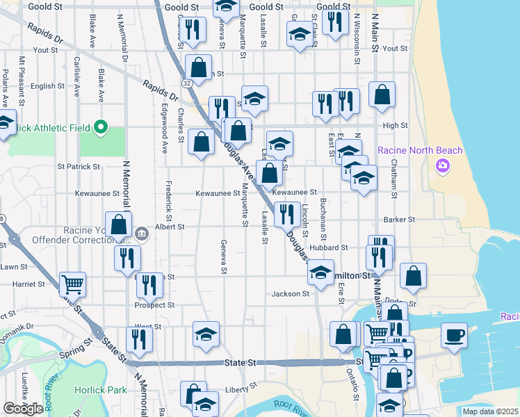 map of restaurants, bars, coffee shops, grocery stores, and more near 1006 Albert Street in Racine