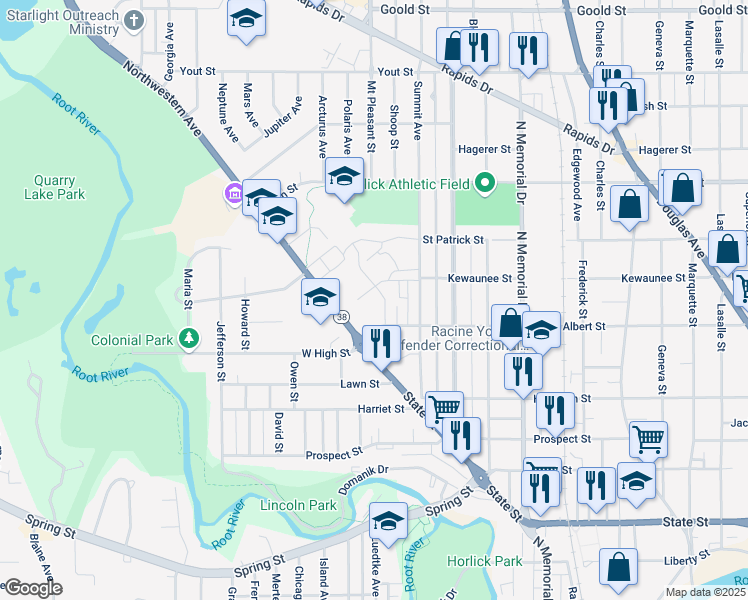 map of restaurants, bars, coffee shops, grocery stores, and more near 2068-2072 Albert Street in Racine