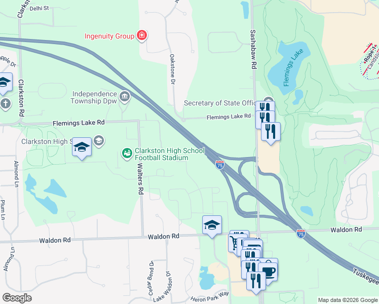 map of restaurants, bars, coffee shops, grocery stores, and more near 6730 Walters Road in Clarkston