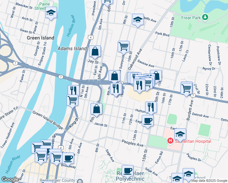 map of restaurants, bars, coffee shops, grocery stores, and more near 203 9th Street in Troy