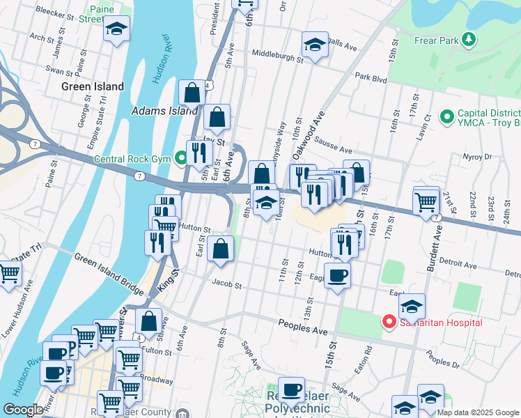 map of restaurants, bars, coffee shops, grocery stores, and more near 203 9th Street in Troy