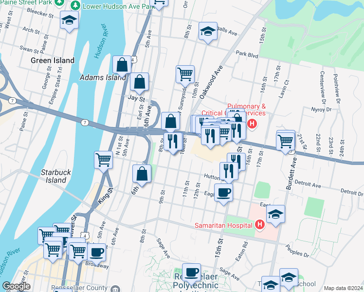 map of restaurants, bars, coffee shops, grocery stores, and more near 262 10th Street in Troy
