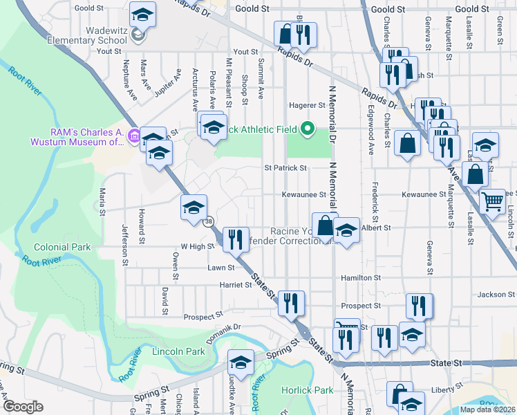 map of restaurants, bars, coffee shops, grocery stores, and more near 1914 Albert Street in Racine