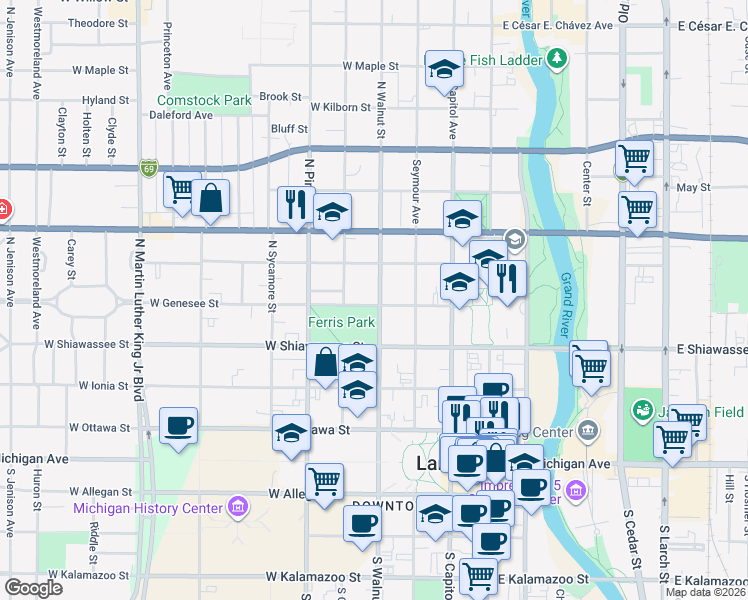 map of restaurants, bars, coffee shops, grocery stores, and more near 501 North Walnut Street in Lansing