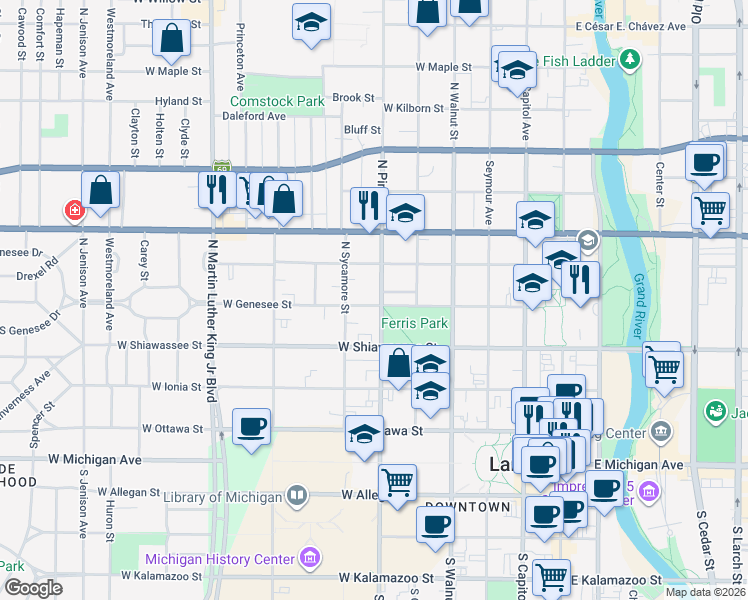 map of restaurants, bars, coffee shops, grocery stores, and more near 501 North Pine Street in Lansing
