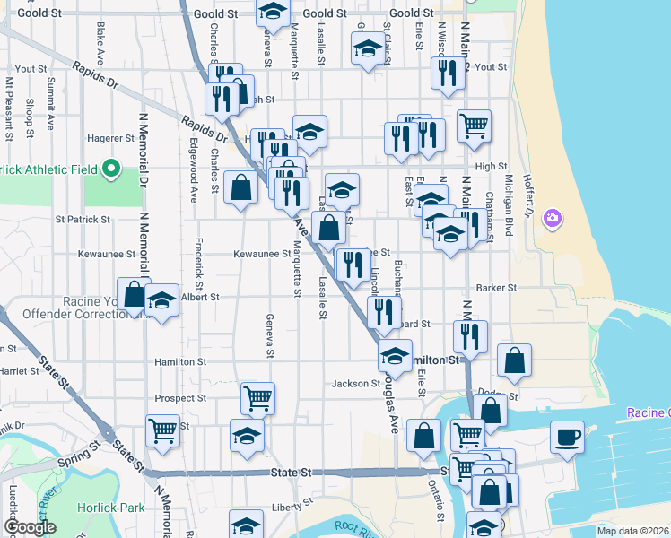 map of restaurants, bars, coffee shops, grocery stores, and more near 1502 Superior Street in Racine