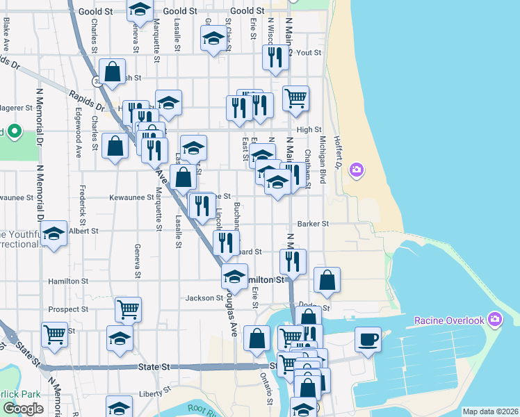 map of restaurants, bars, coffee shops, grocery stores, and more near 1501 North Wisconsin Street in Racine