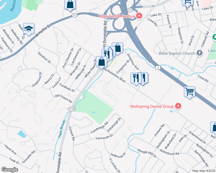 map of restaurants, bars, coffee shops, grocery stores, and more near 118 Northeastern Boulevard in Nashua