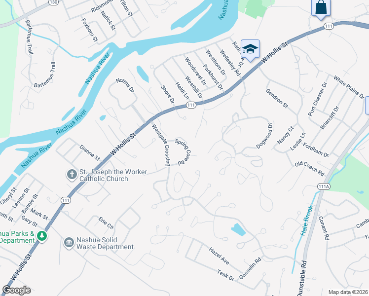 map of restaurants, bars, coffee shops, grocery stores, and more near 37-51 Spring Cove Road in Nashua