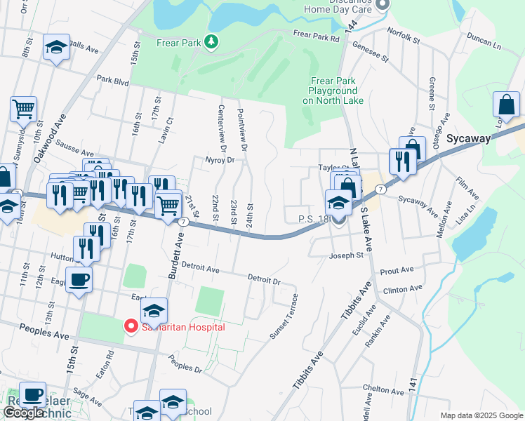 map of restaurants, bars, coffee shops, grocery stores, and more near 39 25th Street in Troy