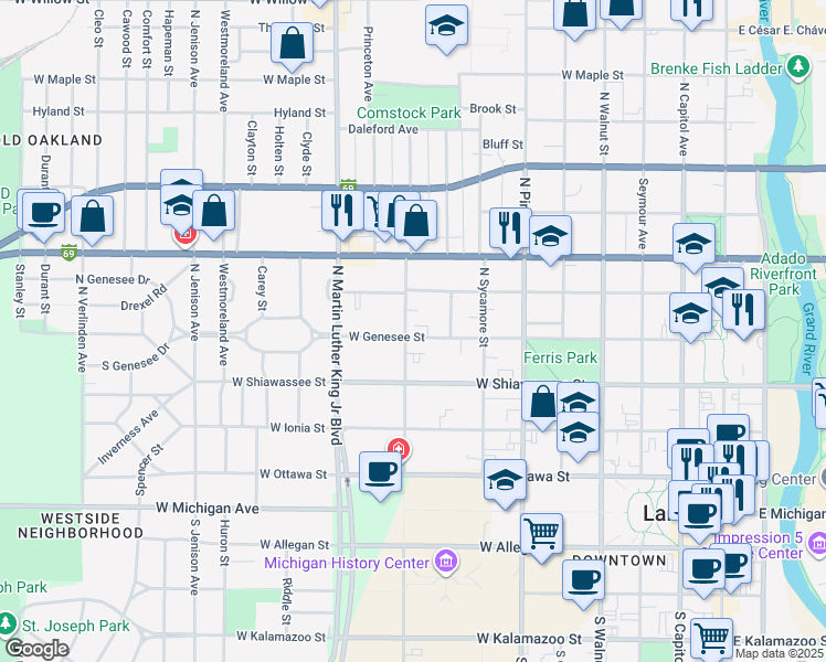 map of restaurants, bars, coffee shops, grocery stores, and more near 816 Bancroft Court in Lansing