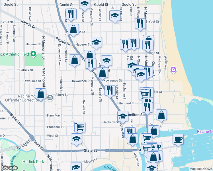 map of restaurants, bars, coffee shops, grocery stores, and more near 1502 Superior Street in Racine