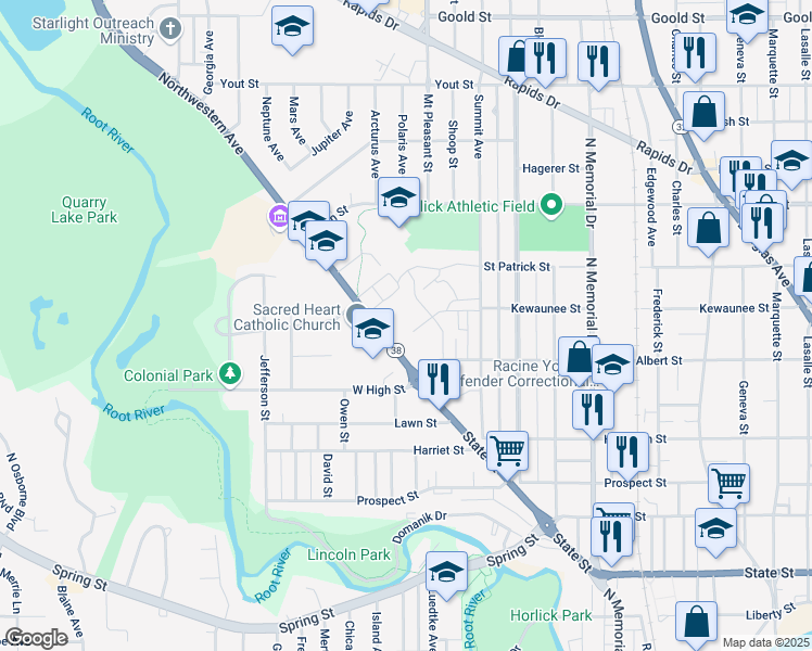 map of restaurants, bars, coffee shops, grocery stores, and more near 2230 Northwestern Avenue in Racine