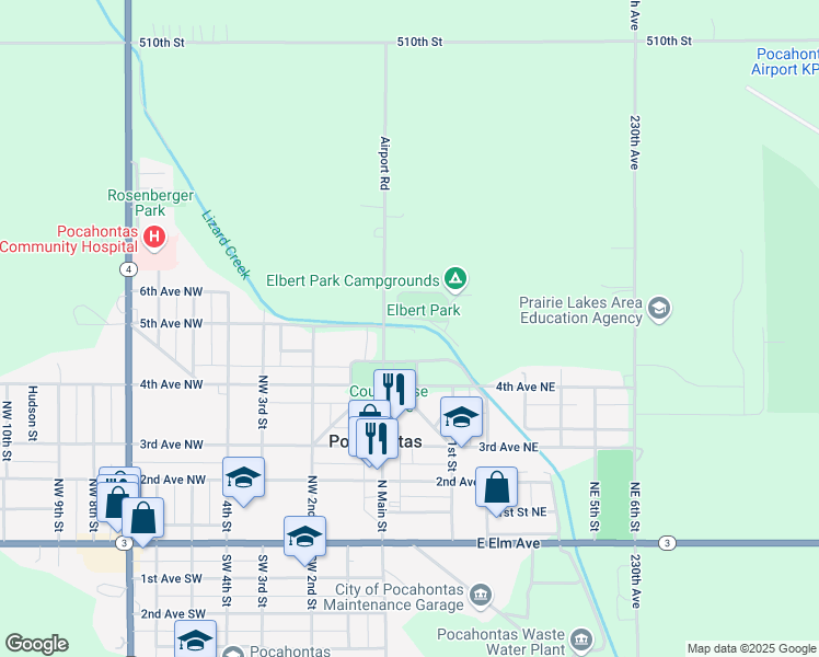 map of restaurants, bars, coffee shops, grocery stores, and more near 51998 225th Avenue in Pocahontas