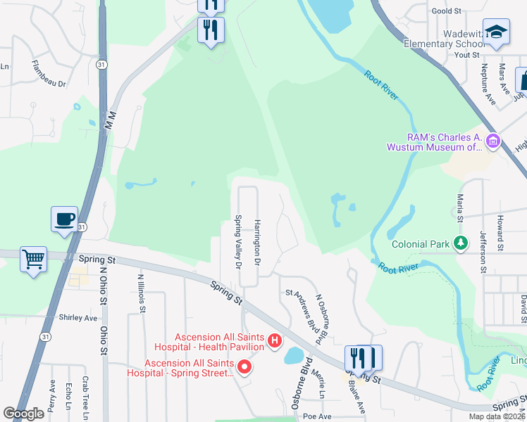 map of restaurants, bars, coffee shops, grocery stores, and more near 1501 Harrington Drive in Racine