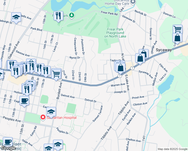 map of restaurants, bars, coffee shops, grocery stores, and more near 6 25th Street in Troy