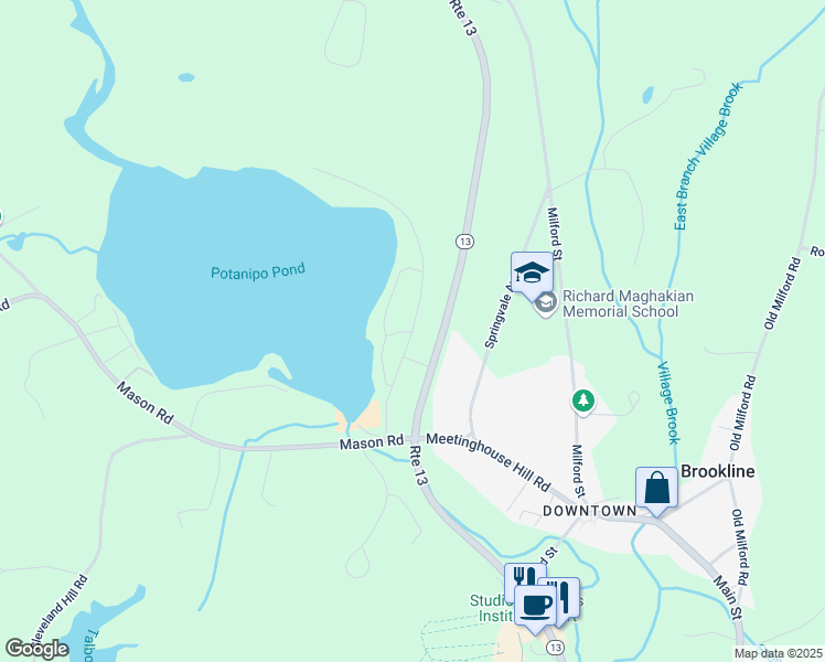 map of restaurants, bars, coffee shops, grocery stores, and more near Fire Road in Brookline