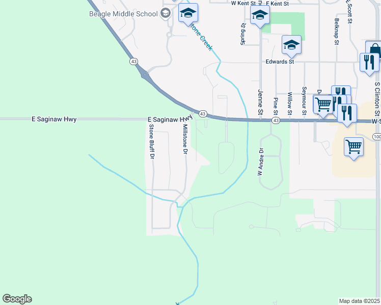 map of restaurants, bars, coffee shops, grocery stores, and more near 11909 Millstone Drive in Grand Ledge
