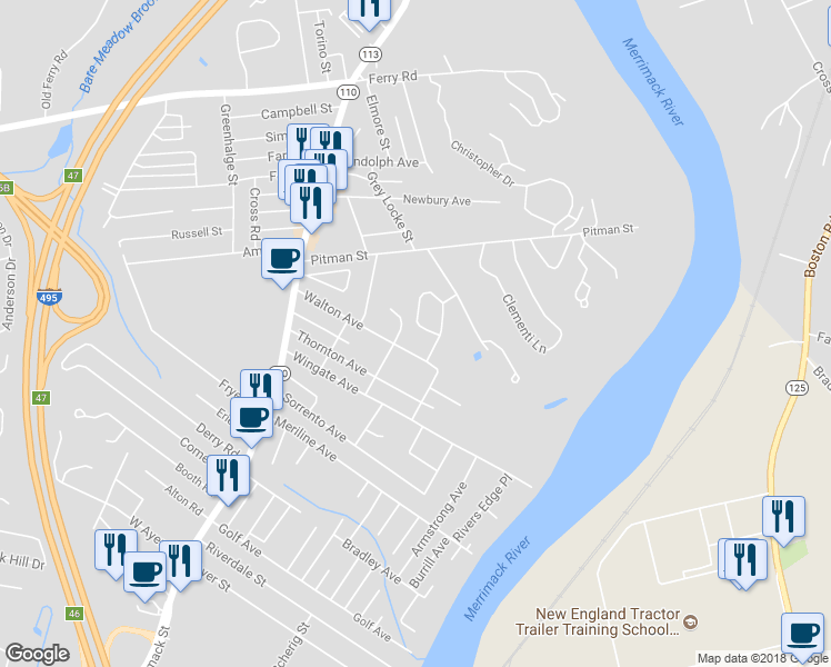 map of restaurants, bars, coffee shops, grocery stores, and more near 11 Weymouth Avenue in Methuen
