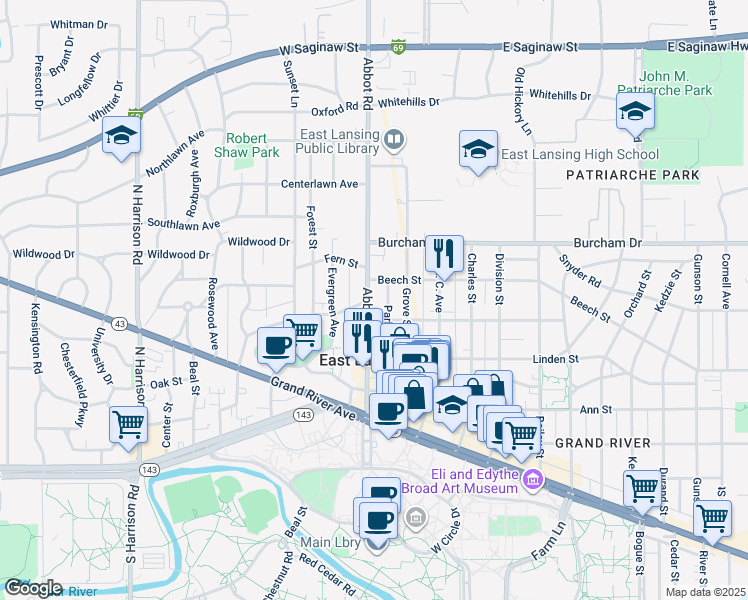 map of restaurants, bars, coffee shops, grocery stores, and more near 526 Abbot Road in East Lansing