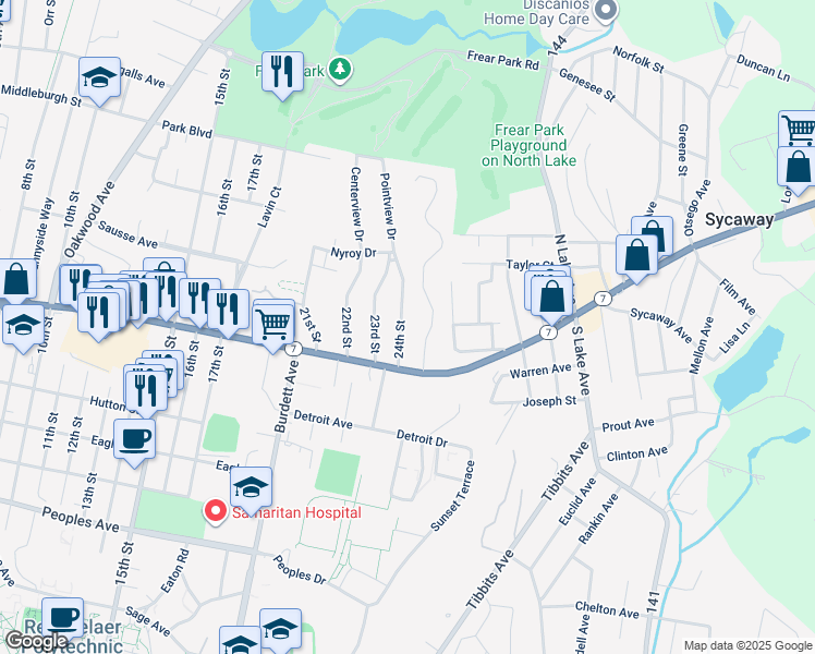 map of restaurants, bars, coffee shops, grocery stores, and more near 39 25th Street in Troy