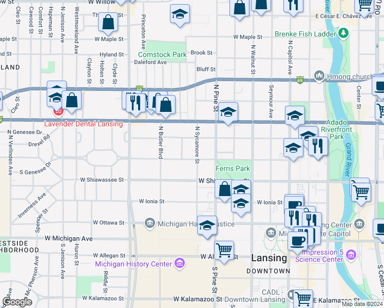 map of restaurants, bars, coffee shops, grocery stores, and more near 524 Leitram Street in Lansing