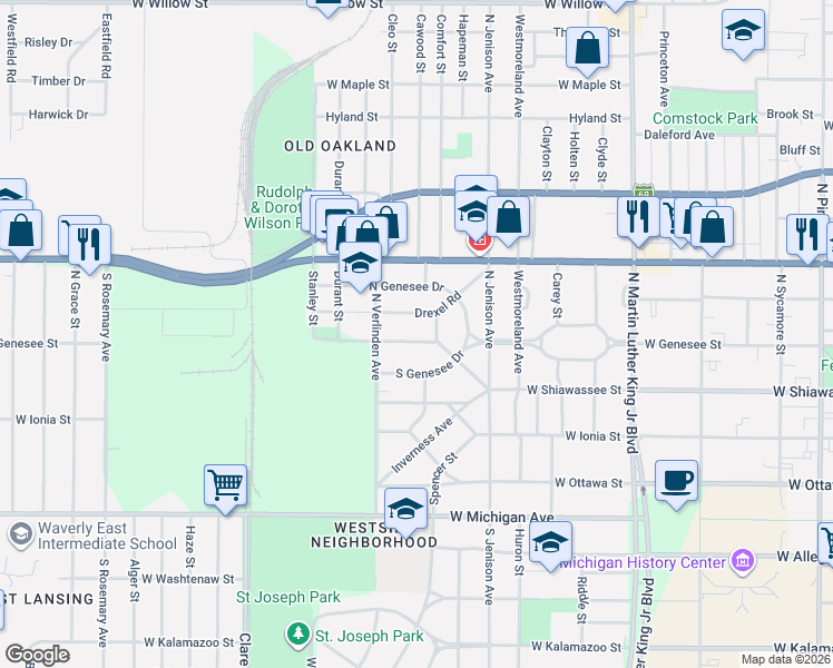map of restaurants, bars, coffee shops, grocery stores, and more near 1800 Drexel Road in Lansing