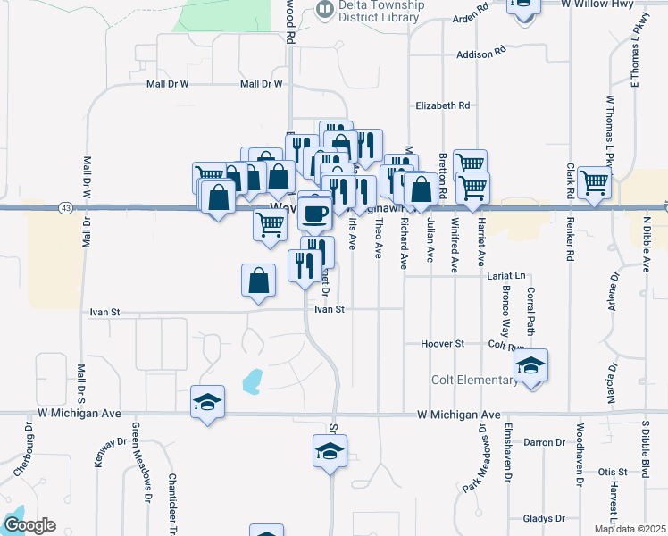 map of restaurants, bars, coffee shops, grocery stores, and more near in Delta charter Township