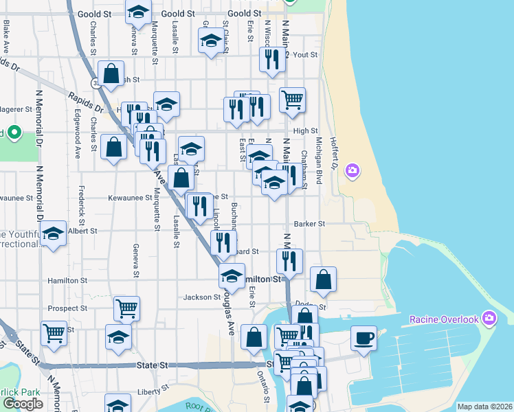 map of restaurants, bars, coffee shops, grocery stores, and more near 1501 North Wisconsin Street in Racine