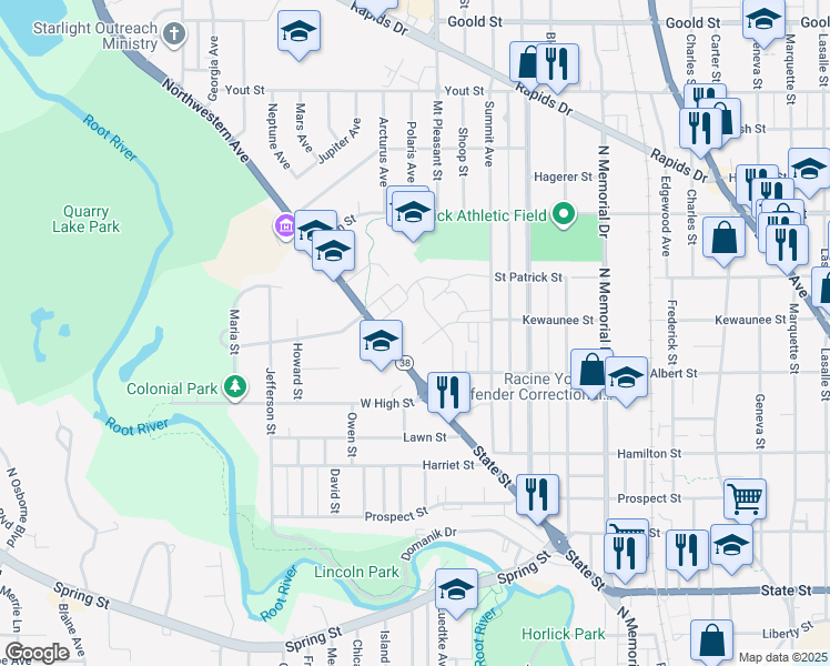 map of restaurants, bars, coffee shops, grocery stores, and more near 2230 Northwestern Avenue in Racine