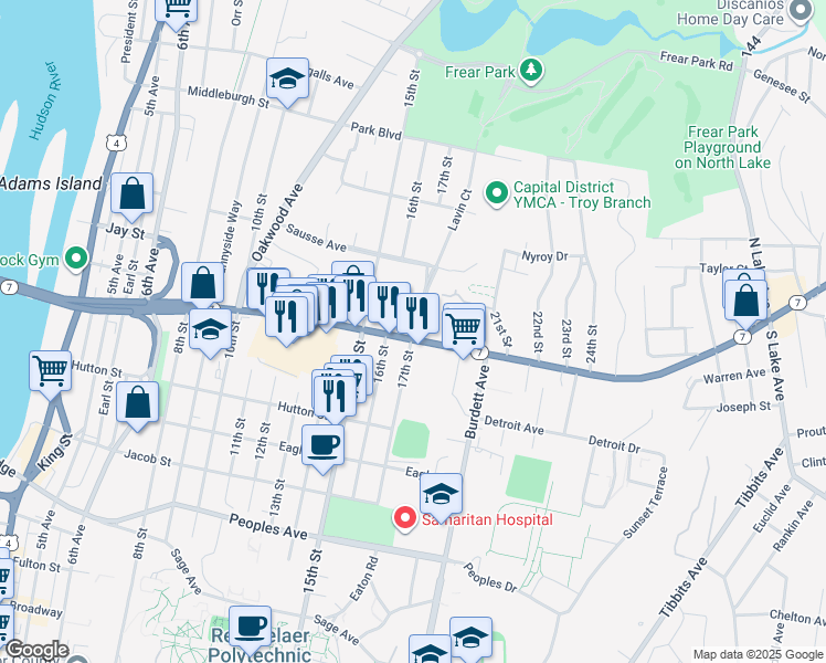 map of restaurants, bars, coffee shops, grocery stores, and more near 217 Hoosick Street in Troy