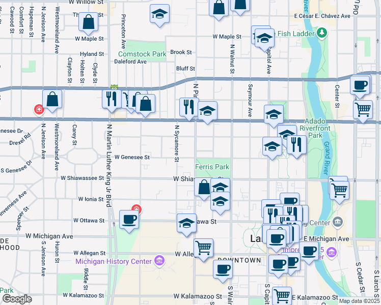 map of restaurants, bars, coffee shops, grocery stores, and more near 526 North Sycamore Street in Lansing