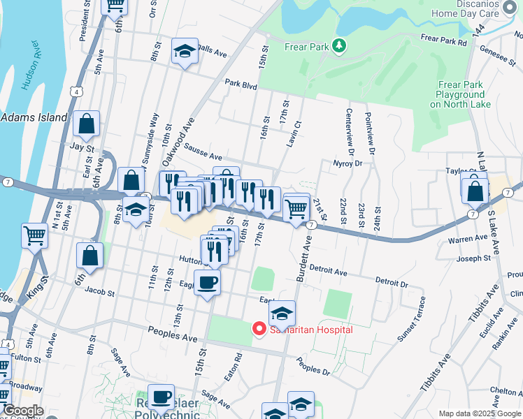 map of restaurants, bars, coffee shops, grocery stores, and more near 2413 Lavin Court in Troy