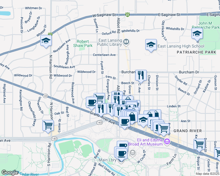 map of restaurants, bars, coffee shops, grocery stores, and more near 526 Evergreen Avenue in East Lansing