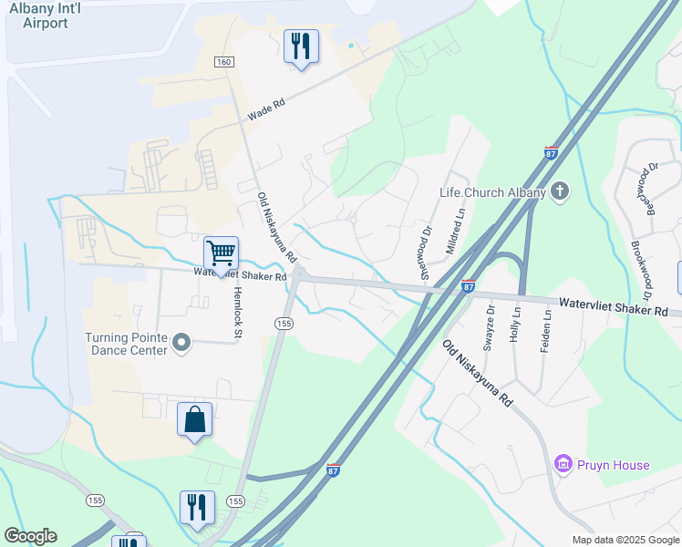 map of restaurants, bars, coffee shops, grocery stores, and more near 739 Watervliet Shaker Road in Latham