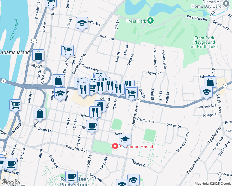 map of restaurants, bars, coffee shops, grocery stores, and more near 2413 Lavin Court in Troy