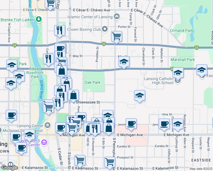 map of restaurants, bars, coffee shops, grocery stores, and more near 611 North Pennsylvania Avenue in Lansing