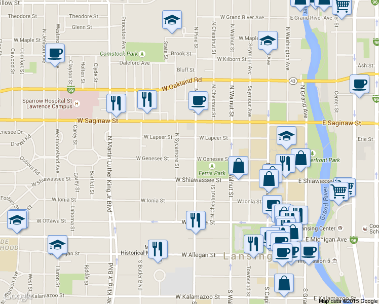 map of restaurants, bars, coffee shops, grocery stores, and more near 526 North Sycamore Street in Lansing