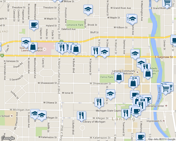 map of restaurants, bars, coffee shops, grocery stores, and more near 524 Leitram Street in Lansing