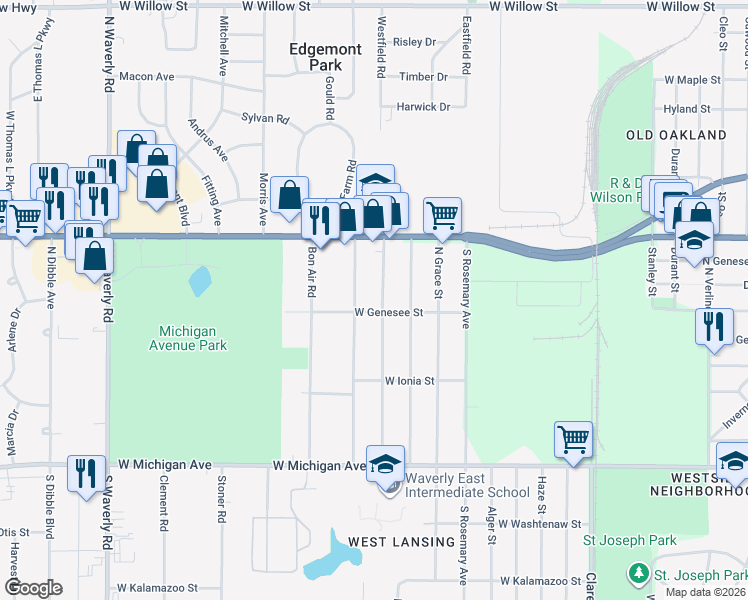 map of restaurants, bars, coffee shops, grocery stores, and more near 530 Brynford Avenue in Lansing