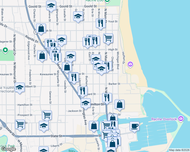map of restaurants, bars, coffee shops, grocery stores, and more near 1501 North Wisconsin Street in Racine