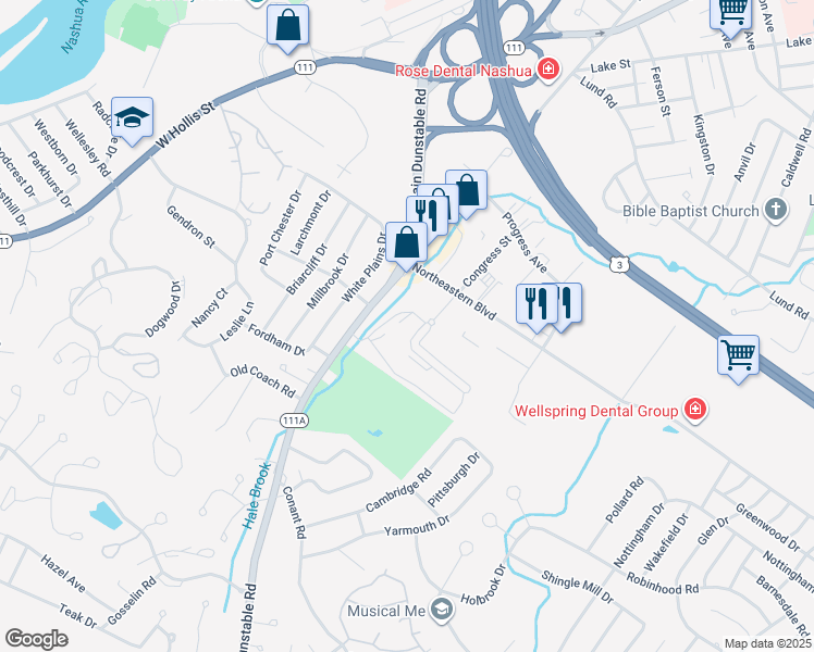 map of restaurants, bars, coffee shops, grocery stores, and more near 21 Congress Street in Nashua