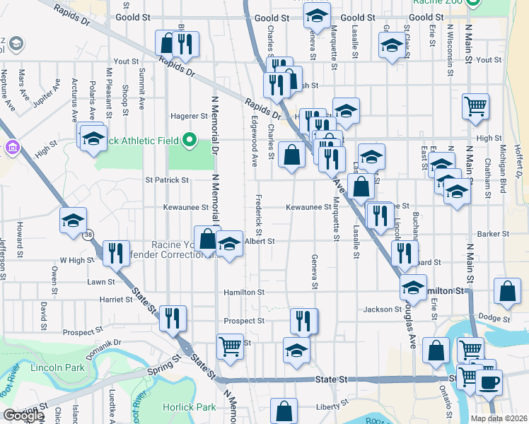 map of restaurants, bars, coffee shops, grocery stores, and more near 1524 Frederick Street in Racine