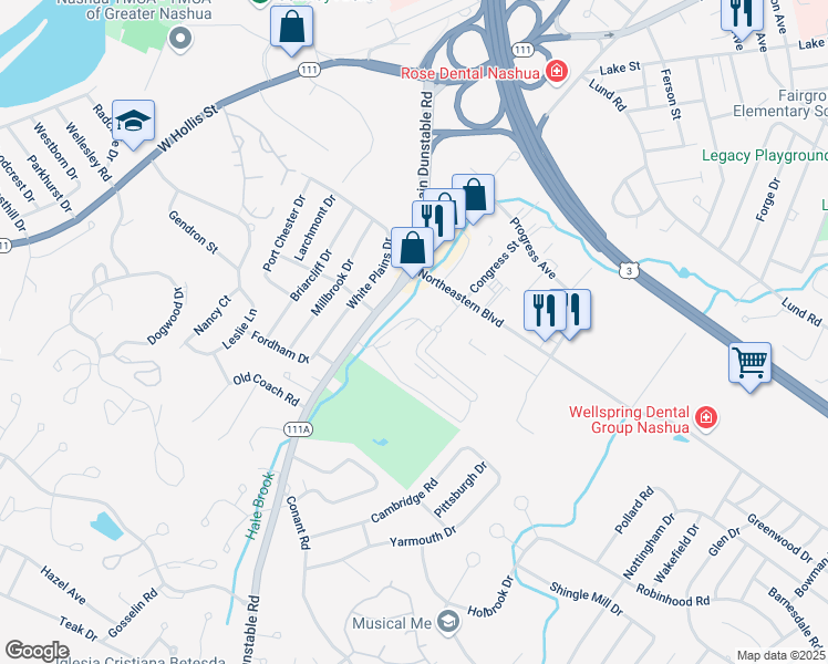 map of restaurants, bars, coffee shops, grocery stores, and more near 282 Main Dunstable Road in Nashua