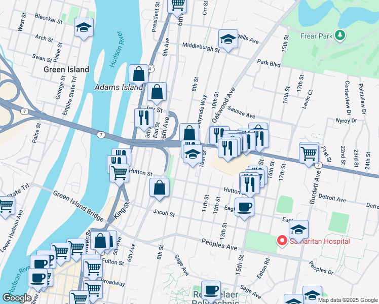 map of restaurants, bars, coffee shops, grocery stores, and more near 328 8th Street in Troy