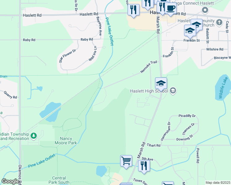 map of restaurants, bars, coffee shops, grocery stores, and more near 1775 Nemoke Trail in Meridian charter Township