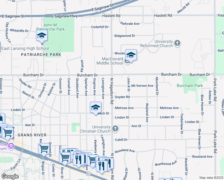 map of restaurants, bars, coffee shops, grocery stores, and more near 646 North Hagadorn Road in East Lansing