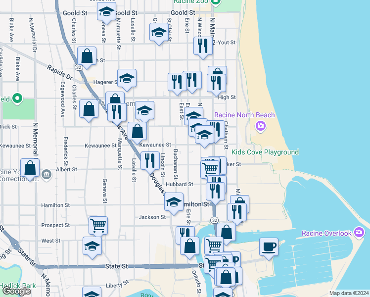map of restaurants, bars, coffee shops, grocery stores, and more near 1504 Erie Street in Racine